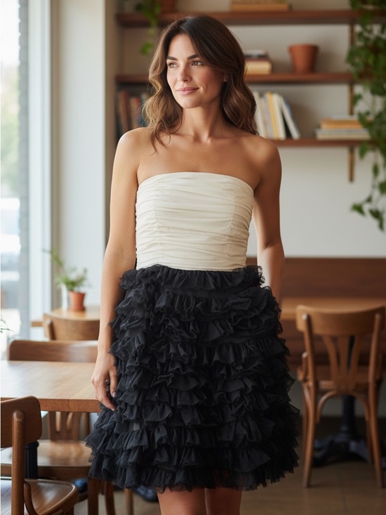 Alice + Olivia Dresses & Skirts - Alice + Olivia Strapless Ruffled Two-Tone Dress in Cream & Black PTP 15”